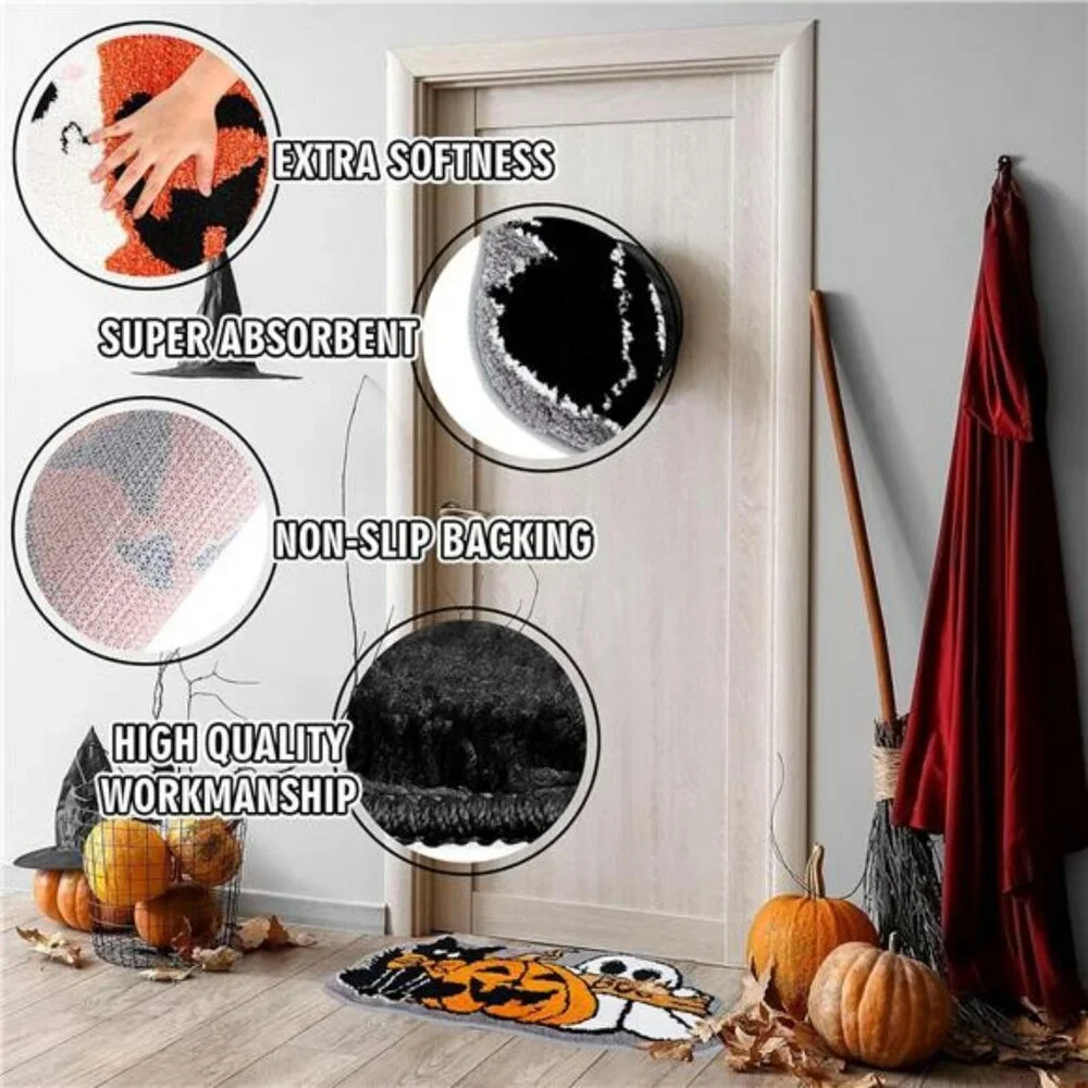 Halloween Bath Rug Ghost Pumpkin Black Cat Non Slip Tufted Bathroom Floor Mat
